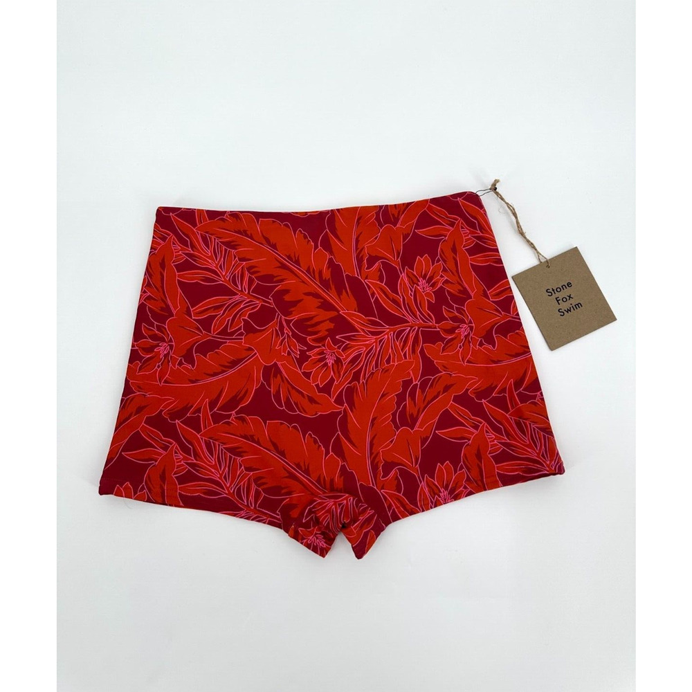 Stone Fox Swim Red Hawaiian Floral High Rise Boy Short Swim Bottoms Size Large